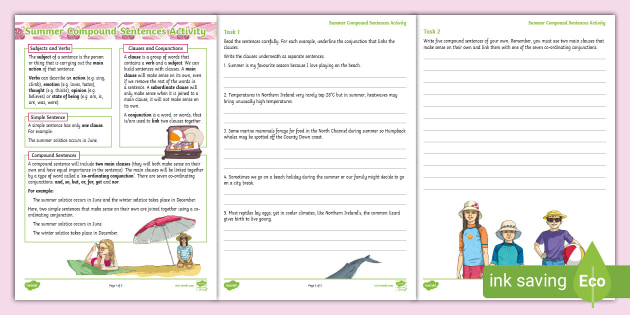 Summer Compound Sentences Activity Sheets (teacher made)