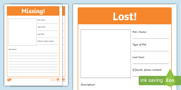 Missing! Lost Pet Writing Frames - Lost and Found Resource