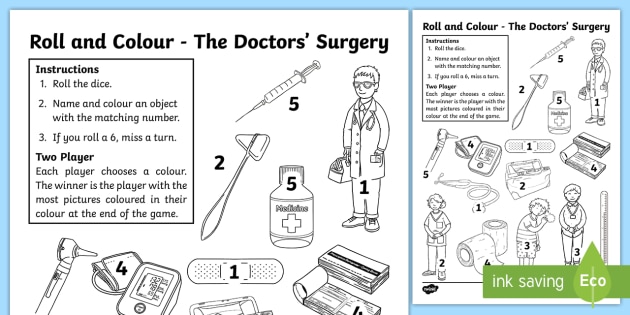 the doctors surgery roll and colour game worksheet