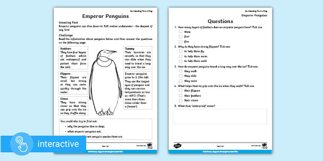 Interactive PDF: Emperor Penguin Reading Comprehension Worksheet