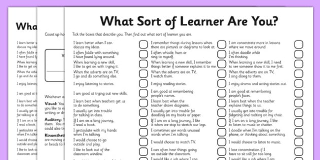 KS2 What Sort of Learner Are You? VAK Questionnaire - visual, auditory