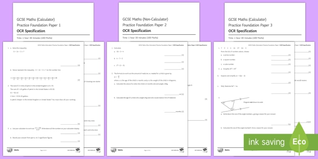 GCSE Maths Specimen Papers 1, 2 And 3 Foundation (002) OCR ...