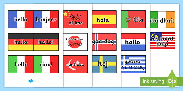 Illustration of flags with hello written in multiple languages
