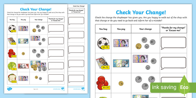 Check Your Change Australian Money Worksheets teacher Made 