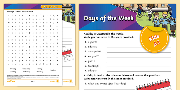ESL Days of the Week Activity Sheet for Kids