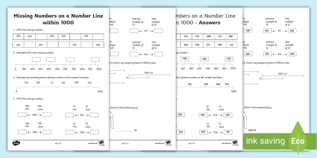  Missing Numbers On A Number Line Within 1000 Activity Sheet