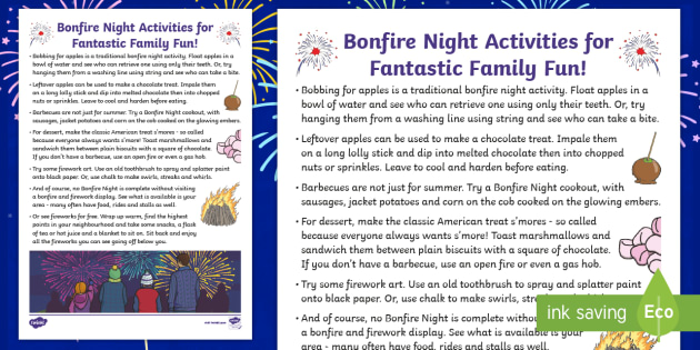 Bonfire Night Activities for Family Fun Worksheet / Worksheet