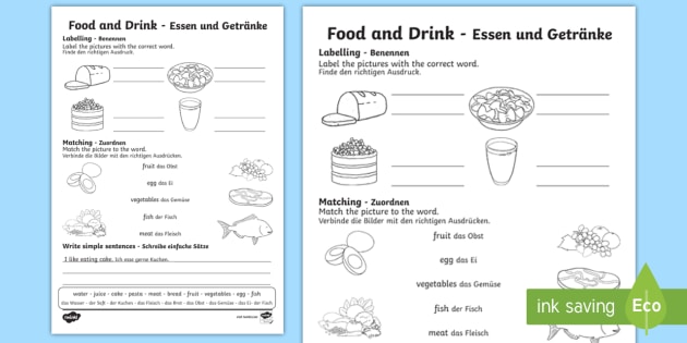 Food And Drink Worksheet Worksheet English German