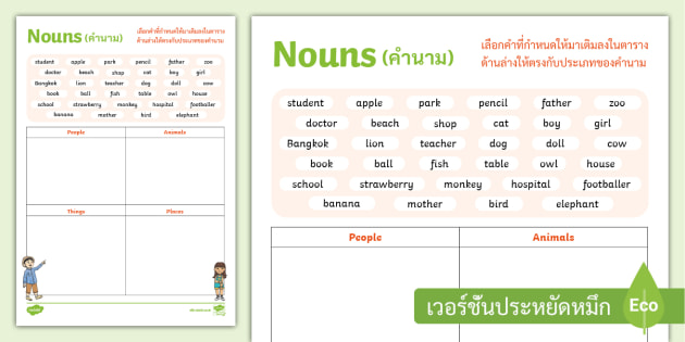 ใบงาน Nouns พร้อมเฉลย - Nouns Worksheet