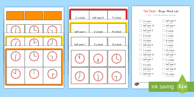 Half Past And O Clock Time Bingo English Spanish