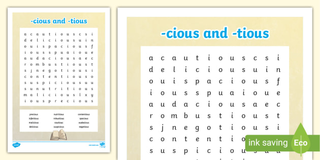 -cious and -tious Word Search (teacher made)