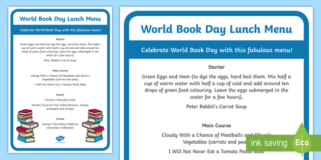 World Book Day Lunch Menu Activity