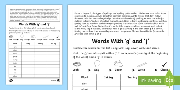 Year 2 Spelling Practice J Sound Spelt J And G Homework Worksheet