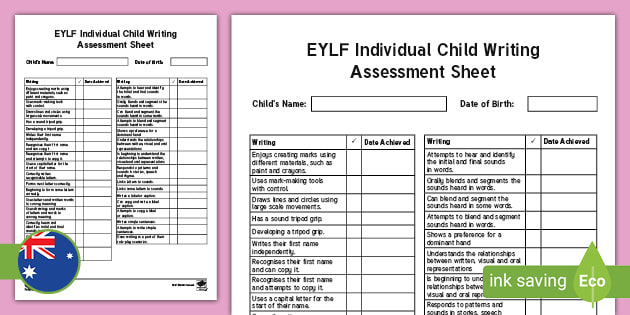 EYLF Individual Child Writing Assessment Sheet