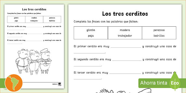 FREE! - Ficha de actividad: Completar las oraciones - Los tres cerditos-  Guía