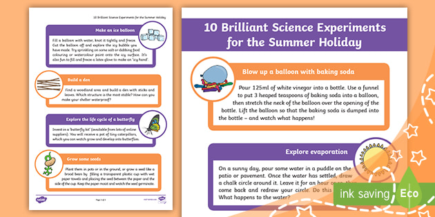 Ten Science Experiments For The Summer Holidays Worksheet Worksheet