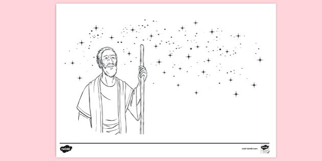 FREE! - Abraham Looking Up Into Star Filled Sky Colouring Sheet | Colouring