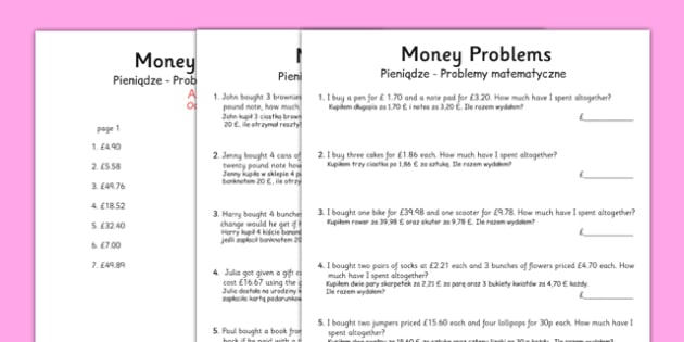 worksheets grade maths money for 4 on Word Polish  polish, money Problems  Translation Money