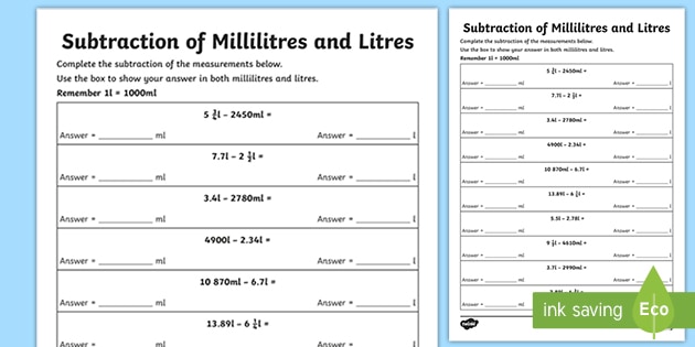 Subtraction Of Millilitres And Litres Worksheet