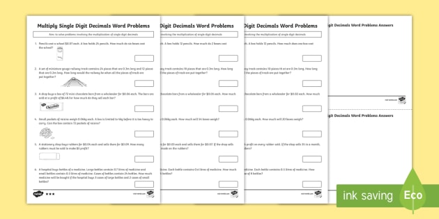 Higher Ability Year 6 Multiply Single Digit Decimals Word Problems Worksheet