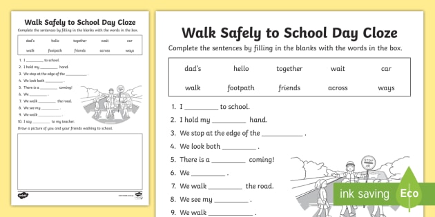 Walk Safely To School Day Cloze Worksheet