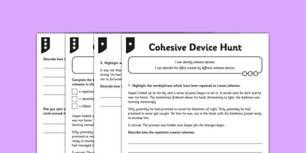 Cohesive Device Hunt Differentiated Worksheet / Worksheet Pack