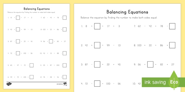 Balancing Equations Using Missing Numbers Worksheet PDF