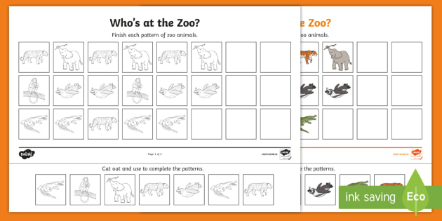 Who's at the Zoo? Complete the Patterns Worksheet - Twinkl