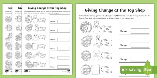 ks1 maths giving change at the toy shop worksheet worksheets