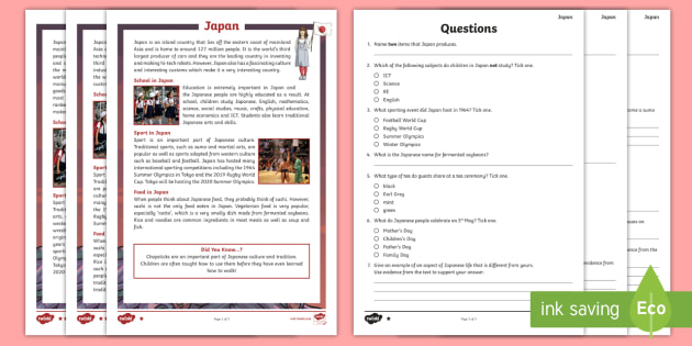 japan reading comprehension differentiated worksheets