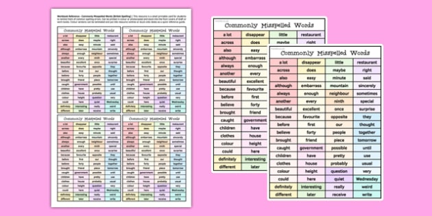 GCSE Workbook Reference Commonly Misspelled Words - Spelling, SPAG, KS3