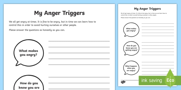 my anger triggers worksheet activity sheet teacher made