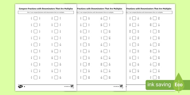 Comparing Fractions With Different Denominators Worksheet for 3rd-5th Grade