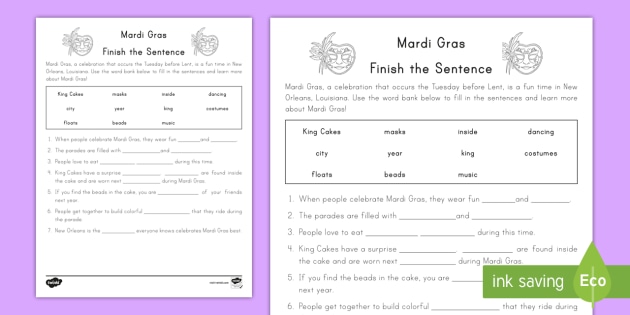 Second Grade Mardi Gras Cloze Reading Activity