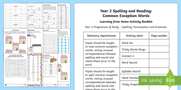 Year 2 Spelling And Reading Common Exception Words Activity Booklet