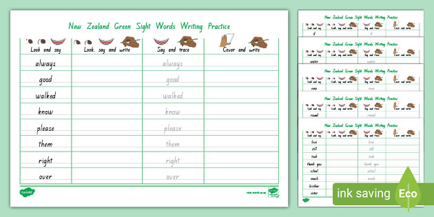 Green High Frequency Words Writing Practice Activity Sheets