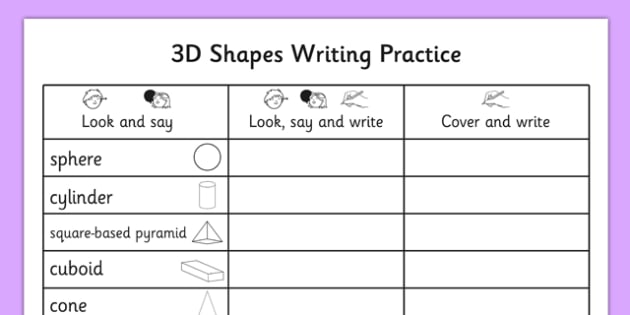 english for writing kindergarten worksheet Writing writing  Practice Worksheet  3d 3D Shapes shapes,