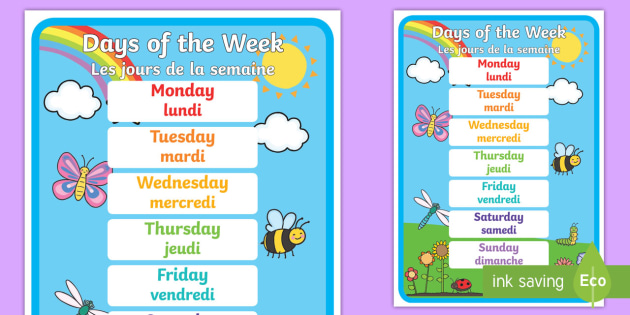 Days Of The Week A4 Display Poster English French