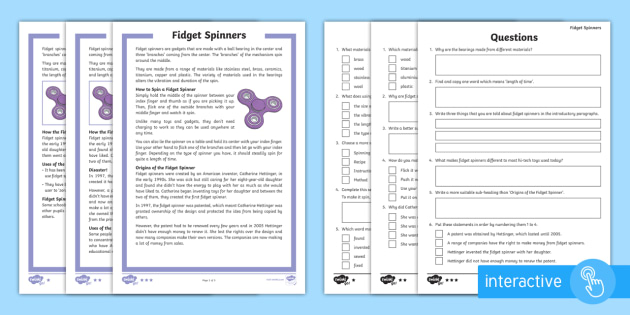 Grade 3-5 Fidget Spinners Differentiated Comprehension Worksheet