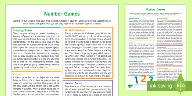 Spanish Number Games And Activities Parent And Carer Information Sheet