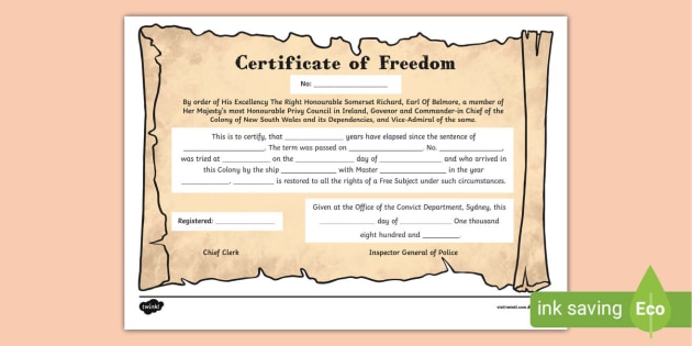 The First Fleet Resources Certificate of Freedom Template