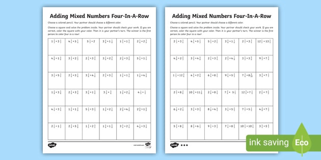 four in a row mixed numbers game elementary math resources