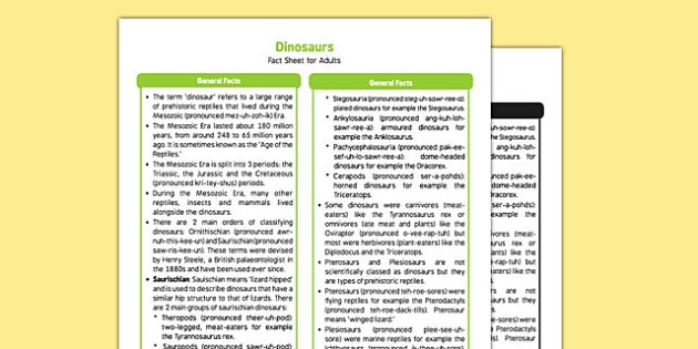 Dinosaurs Fact Sheet for Adults