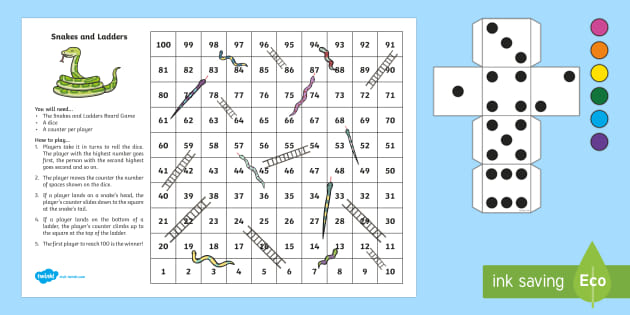 Jogo de tabuleiro snakes and ladders, educação matemática para