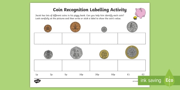 new coin recognition labelling activity sheet eyfs