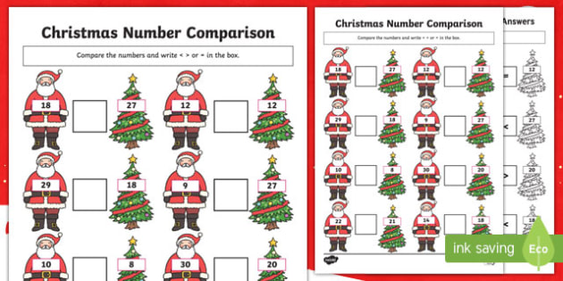 Christmas Themed up to 30 Number Comparison Worksheet / Worksheet