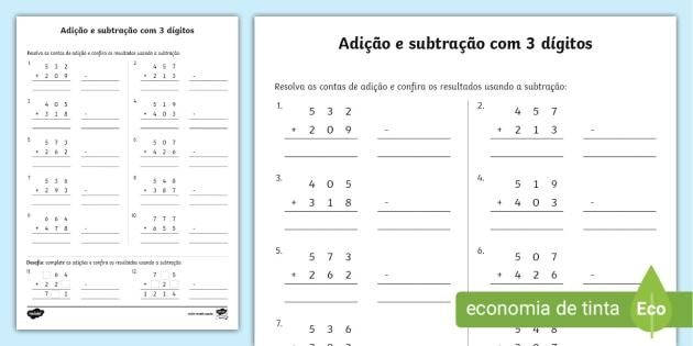 Atividades prontas de adição e subtração para o 3° e 4° ano do ensino  fundamental com respostas - Ponto do Conhecimento