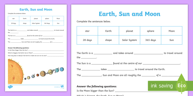 Earth, Sun and Moon Worksheet / Worksheet Pack - worksheets, worksheet ...