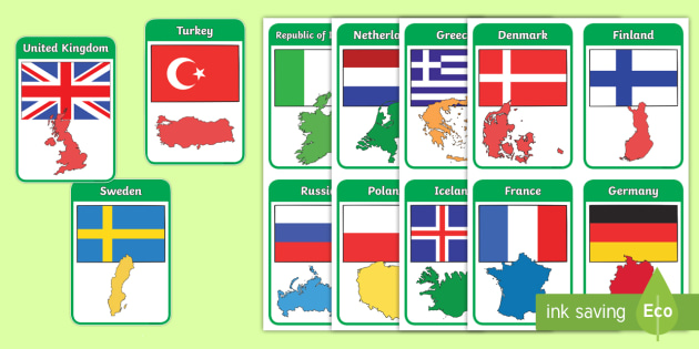 European Country Shapes and Flags Flashcards - KS1 Geography Keyword Flash