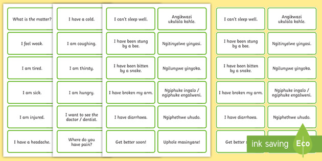 ngiyagula matching cards zulu phrases ailments